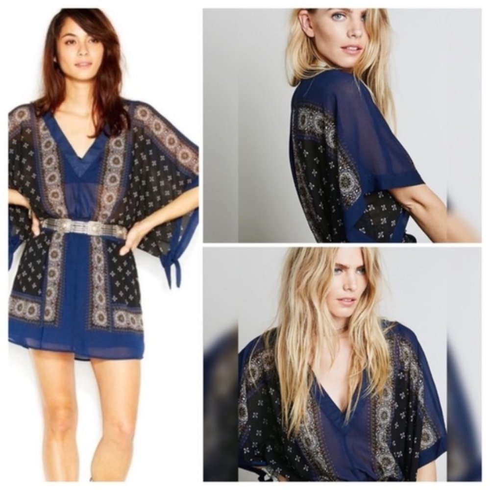 Free People Santa Cruz Kimono Mini Dress Navy/Black Small